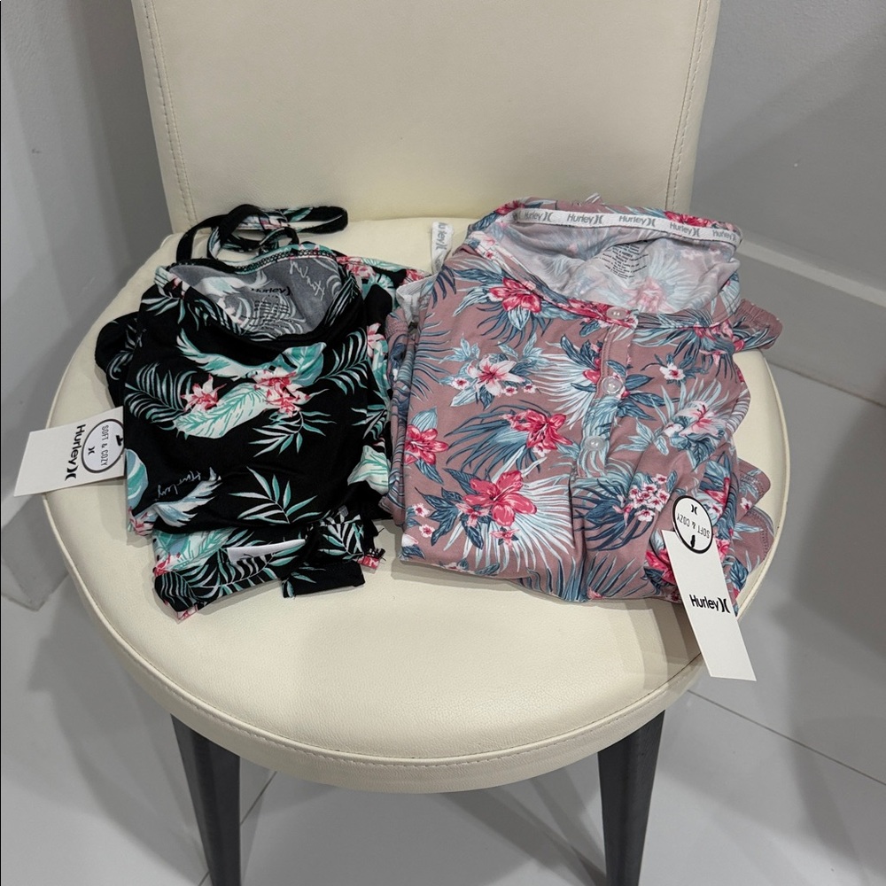 Hurley BUNDLE of 2 Black/Pink/Green/White Floral/Tropical Loungewear/PJ Sets